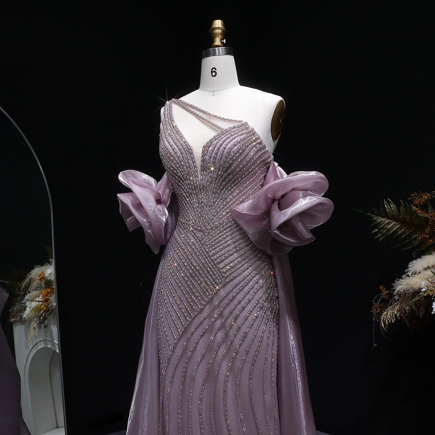 Luxury Dusty Pink One-Shoulder Beaded Fitted Evening Dress with Cape SS016