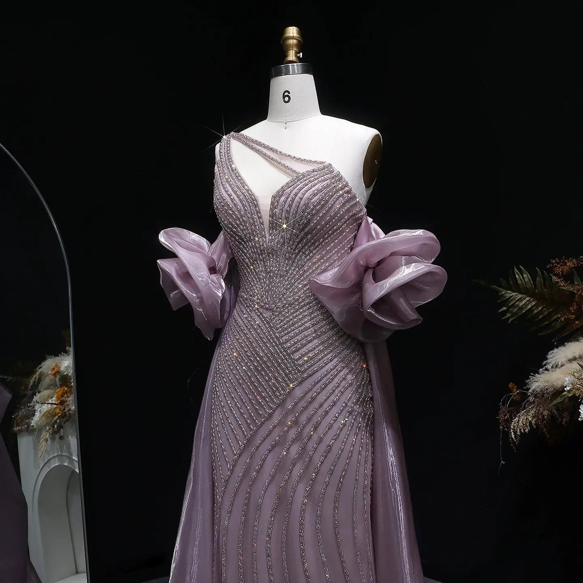 Luxury Dusty Pink Beaded One-Shoulder Fitted Evening Dress with Cape SS016