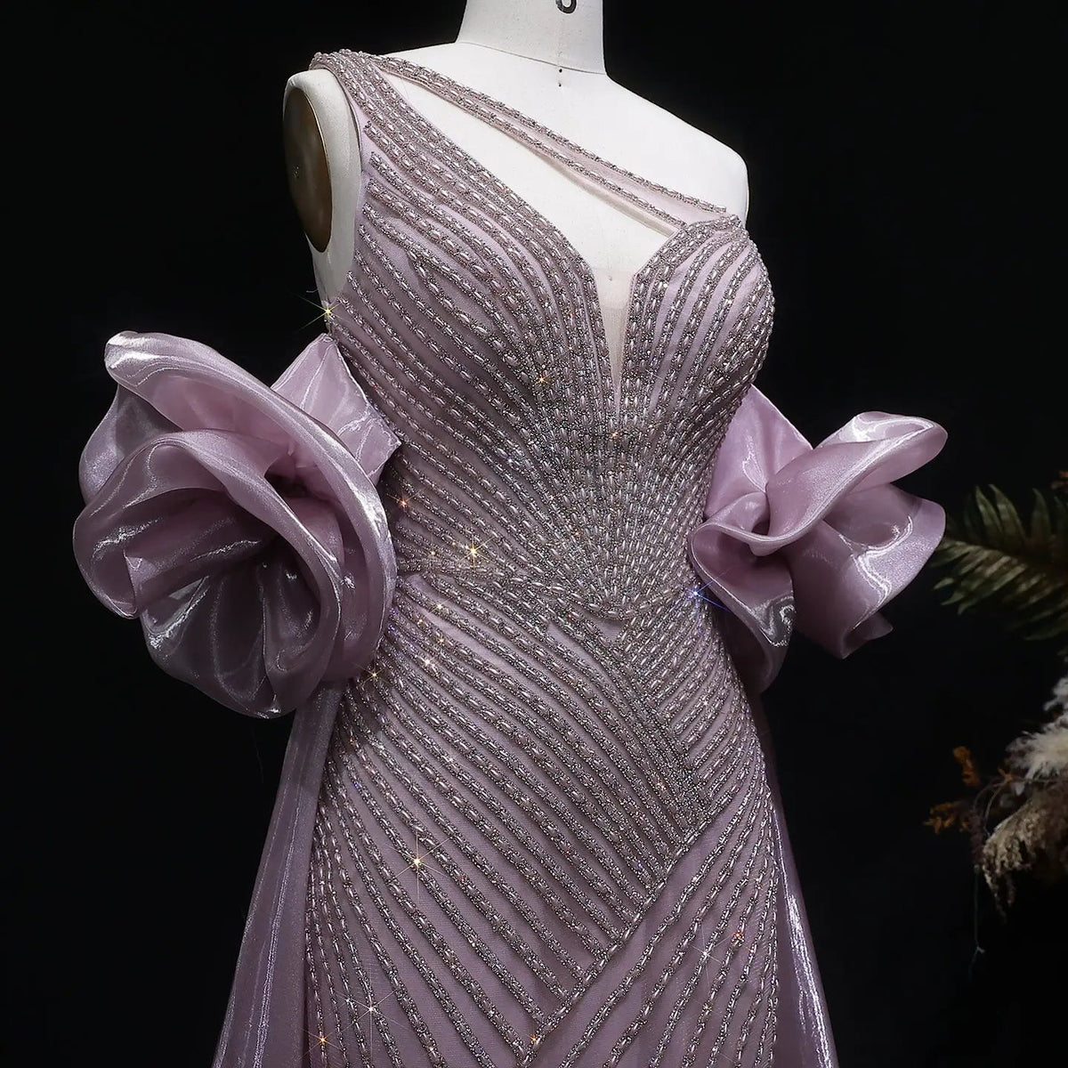 Luxury Dusty Pink Beaded One-Shoulder Fitted Evening Dress with Cape SS016