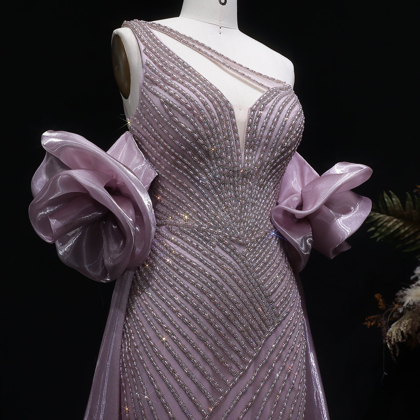 Luxury Dusty Pink One-Shoulder Beaded Fitted Evening Dress with Cape SS016