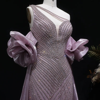 Luxury Dusty Pink Beaded One-Shoulder Fitted Evening Dress with Cape SS016