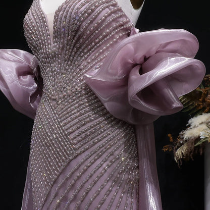Luxury Dusty Pink Beaded One-Shoulder Fitted Evening Dress with Cape SS016
