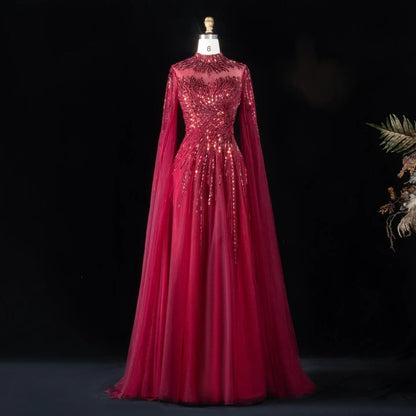 Luxury Blue High Neck Beaded Evening Dress with Cape Sleeve SS134