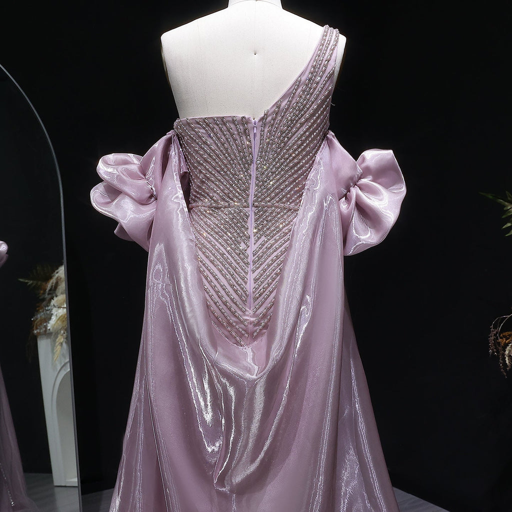 Luxury Dusty Pink One-Shoulder Beaded Fitted Evening Dress with Cape SS016