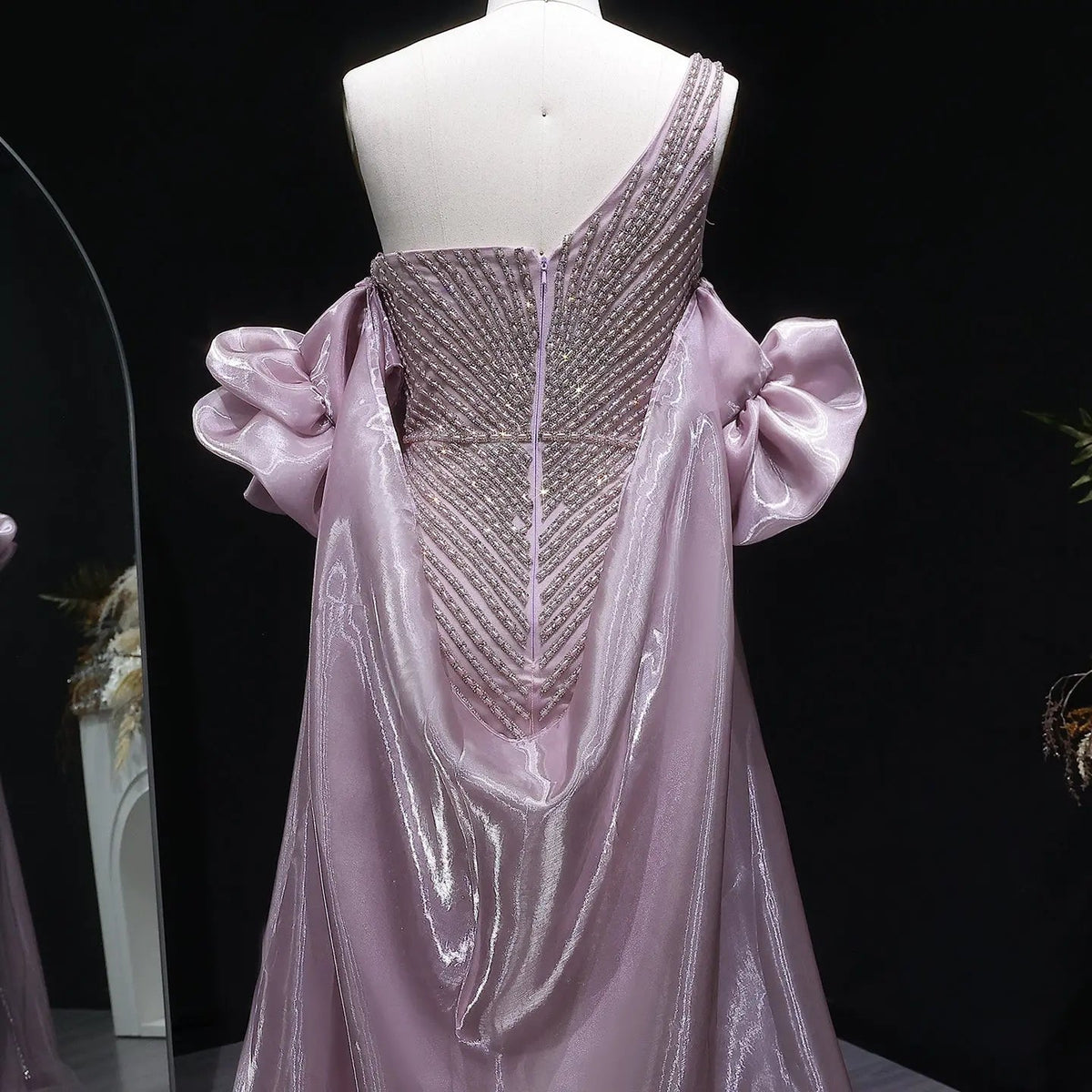 Luxury Dusty Pink Beaded One-Shoulder Fitted Evening Dress with Cape SS016
