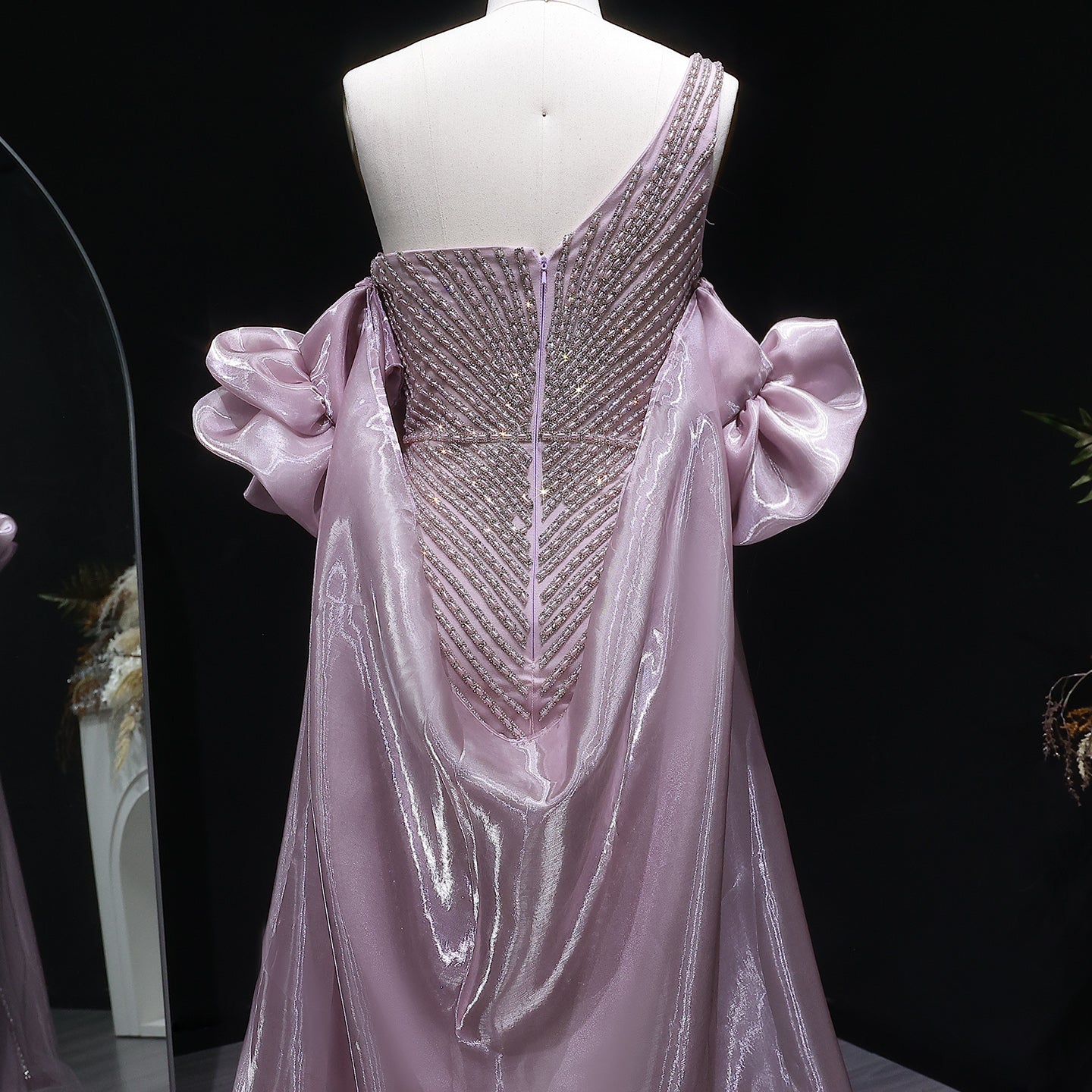 Luxury Dusty Pink One-Shoulder Beaded Fitted Evening Dress with Cape SS016