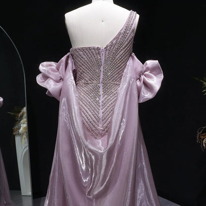 Luxury Dusty Pink Beaded One-Shoulder Fitted Evening Dress with Cape SS016