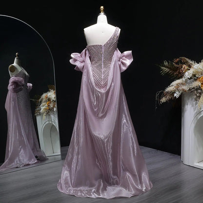 Luxury Dusty Pink Beaded One-Shoulder Fitted Evening Dress with Cape SS016