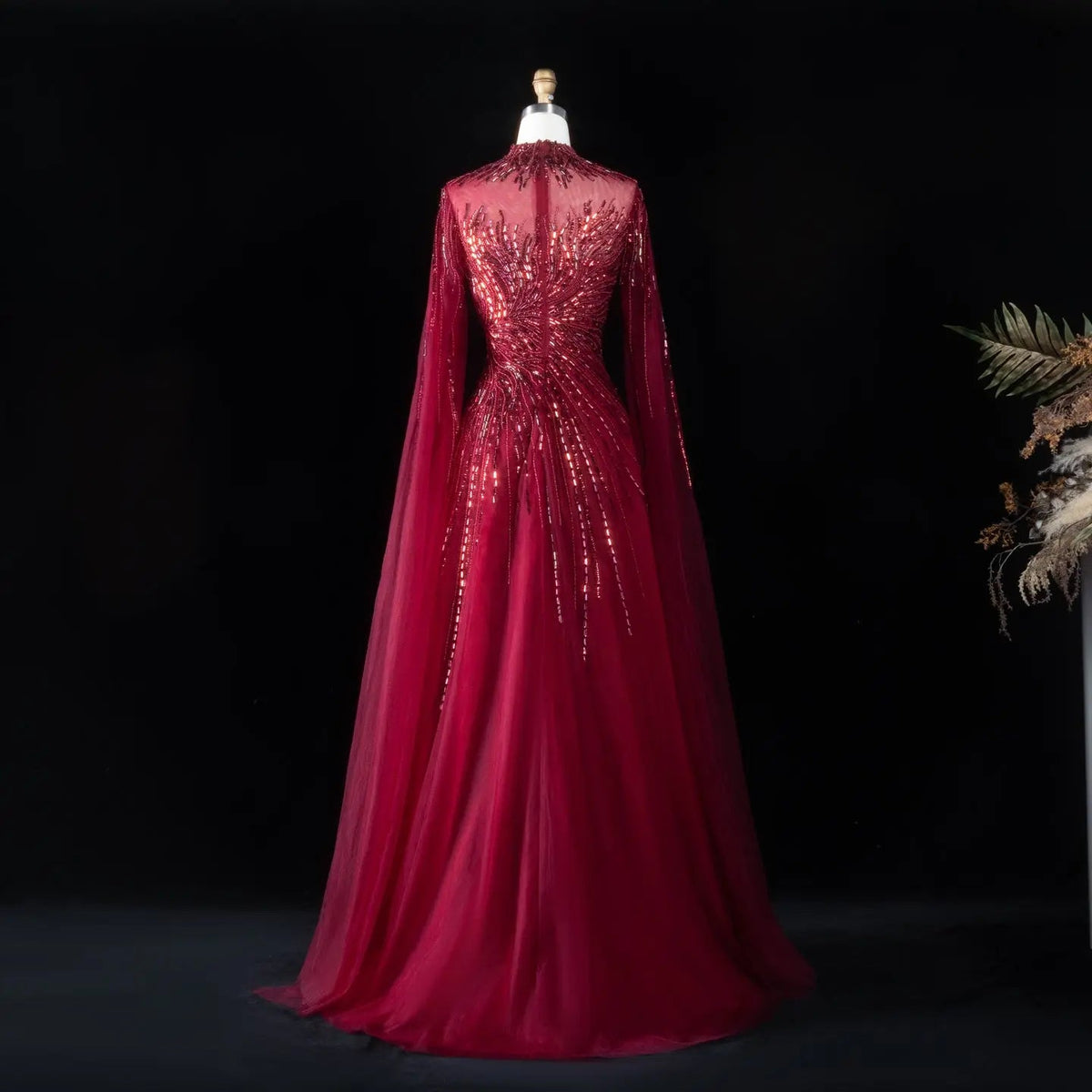 Luxury Blue High Neck Beaded Evening Dress with Cape Sleeve SS134