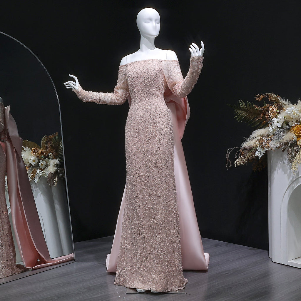 Luxury Light Pink Sequin Lace Print Evening Dress with Cape SF428