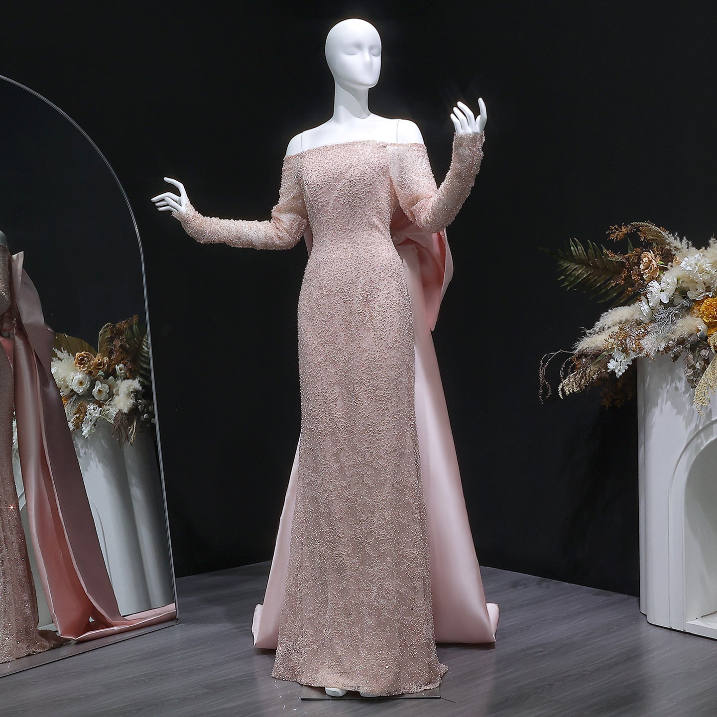 Luxury Light Pink Sequin Lace Print Evening Dress with Cape SF428