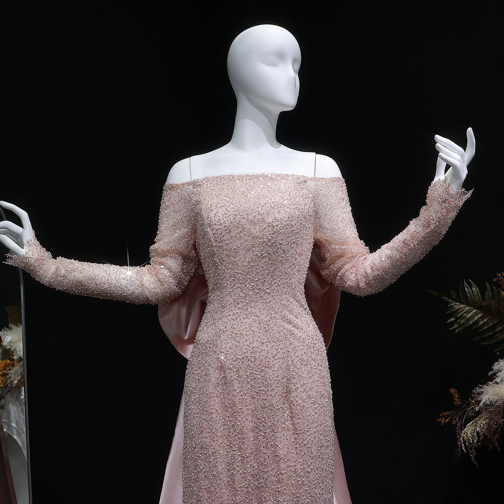 Luxury Light Pink Sequin Lace Print Evening Dress with Cape SF428