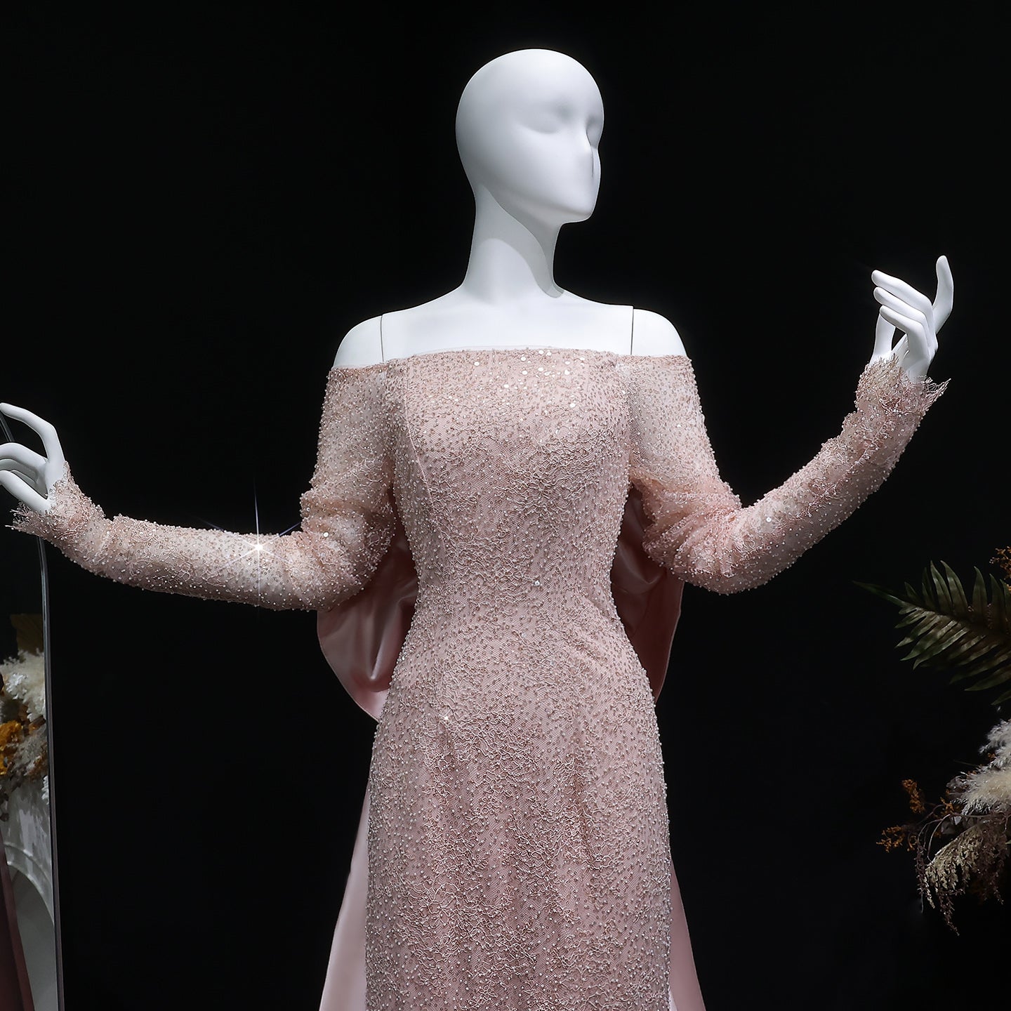 Luxury Light Pink Sequin Lace Print Evening Dress with Cape SF428