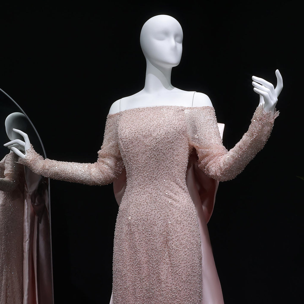 Luxury Light Pink Sequin Lace Print Evening Dress with Cape SF428