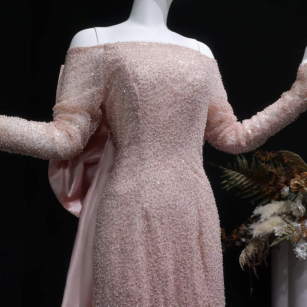 Luxury Light Pink Sequin Lace Print Evening Dress with Cape SF428