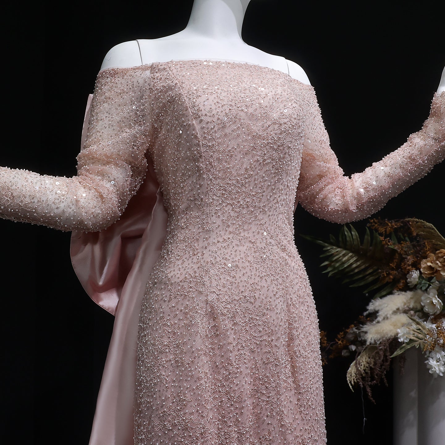 Luxury Light Pink Sequin Lace Print Evening Dress with Cape SF428
