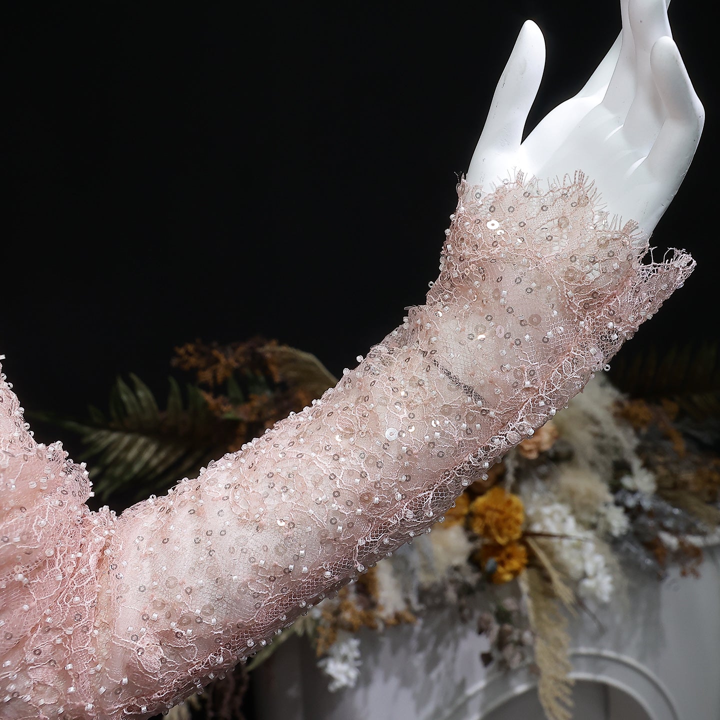 Luxury Light Pink Sequin Lace Print Evening Dress with Cape SF428