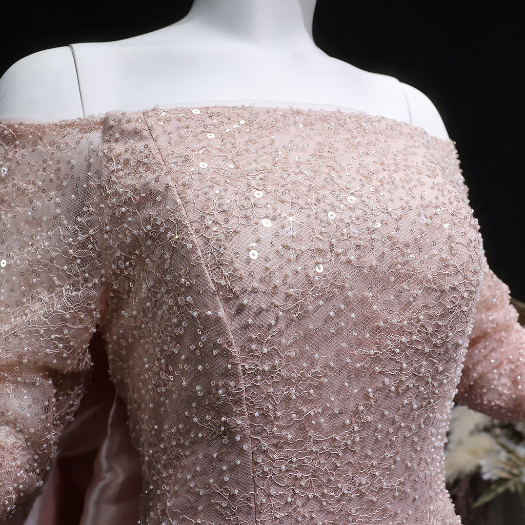 Luxury Light Pink Sequin Lace Print Evening Dress with Cape SF428