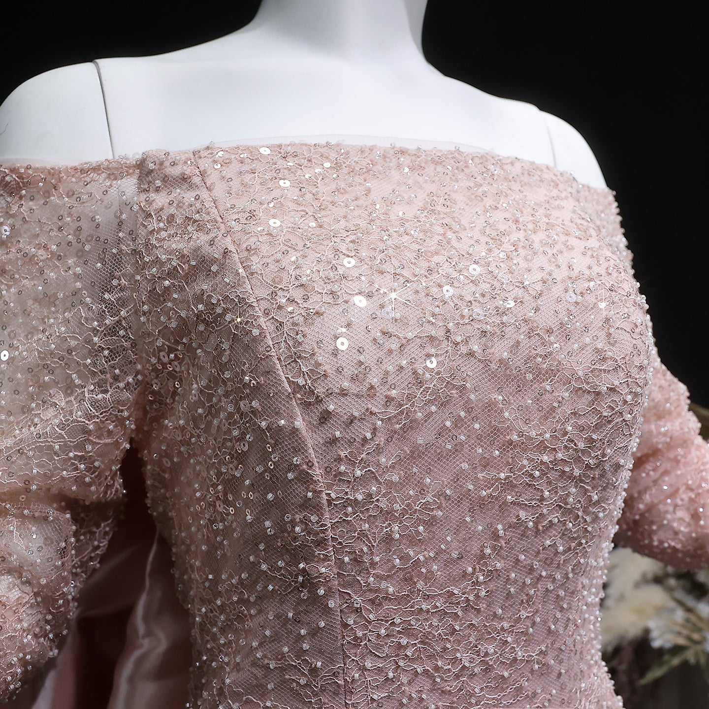 Luxury Light Pink Sequin Lace Print Evening Dress with Cape SF428