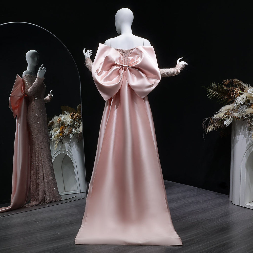 Luxury Light Pink Sequin Lace Print Evening Dress with Cape SF428