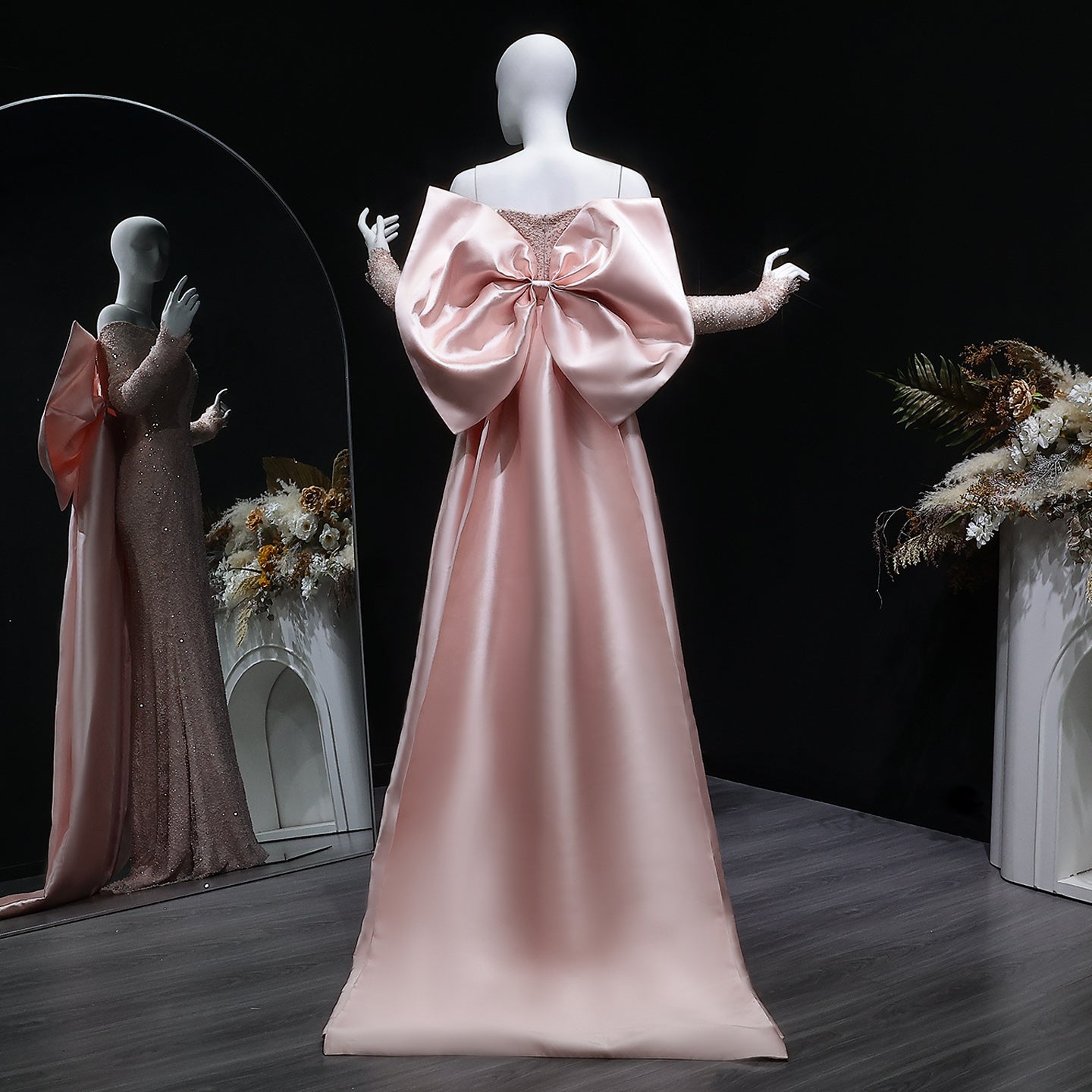 Luxury Light Pink Sequin Lace Print Evening Dress with Cape SF428