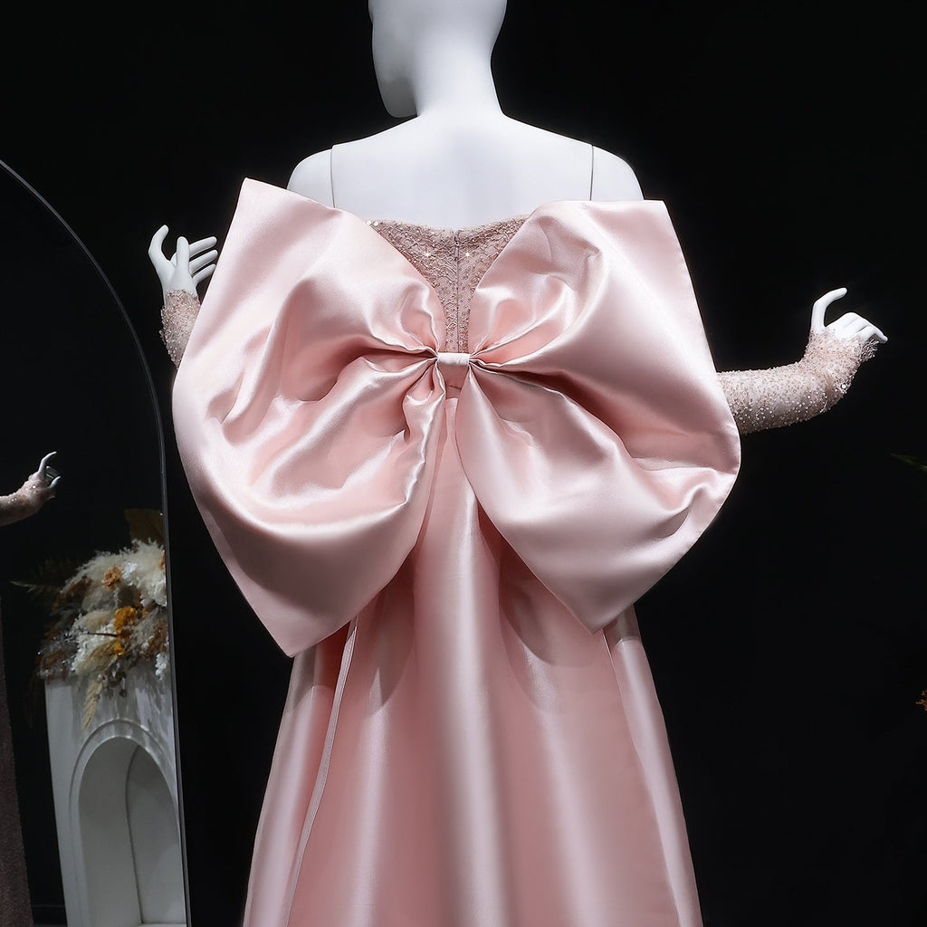 Luxury Light Pink Sequin Lace Print Evening Dress with Cape SF428