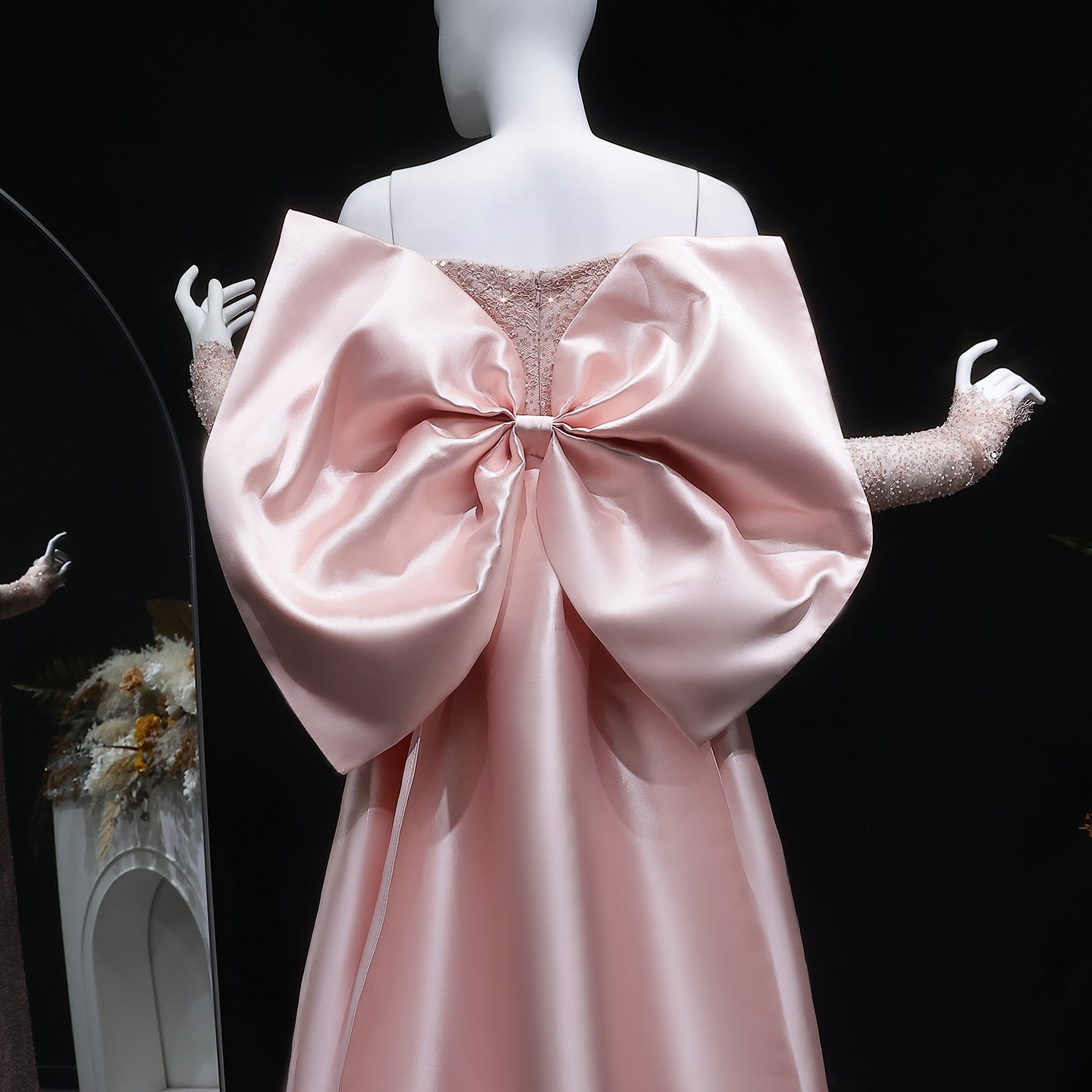 Luxury Light Pink Sequin Lace Print Evening Dress with Cape SF428