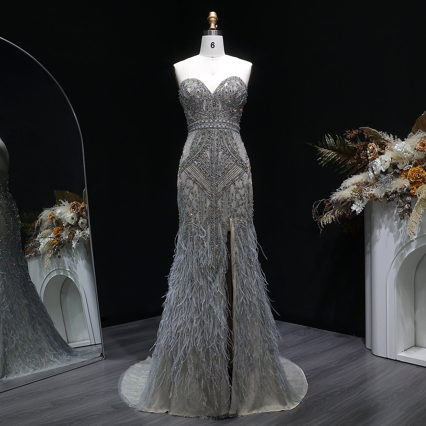 Luxury Silver Gray Strapless Beaded Feather Trim Evening Dress with High Slit SS791