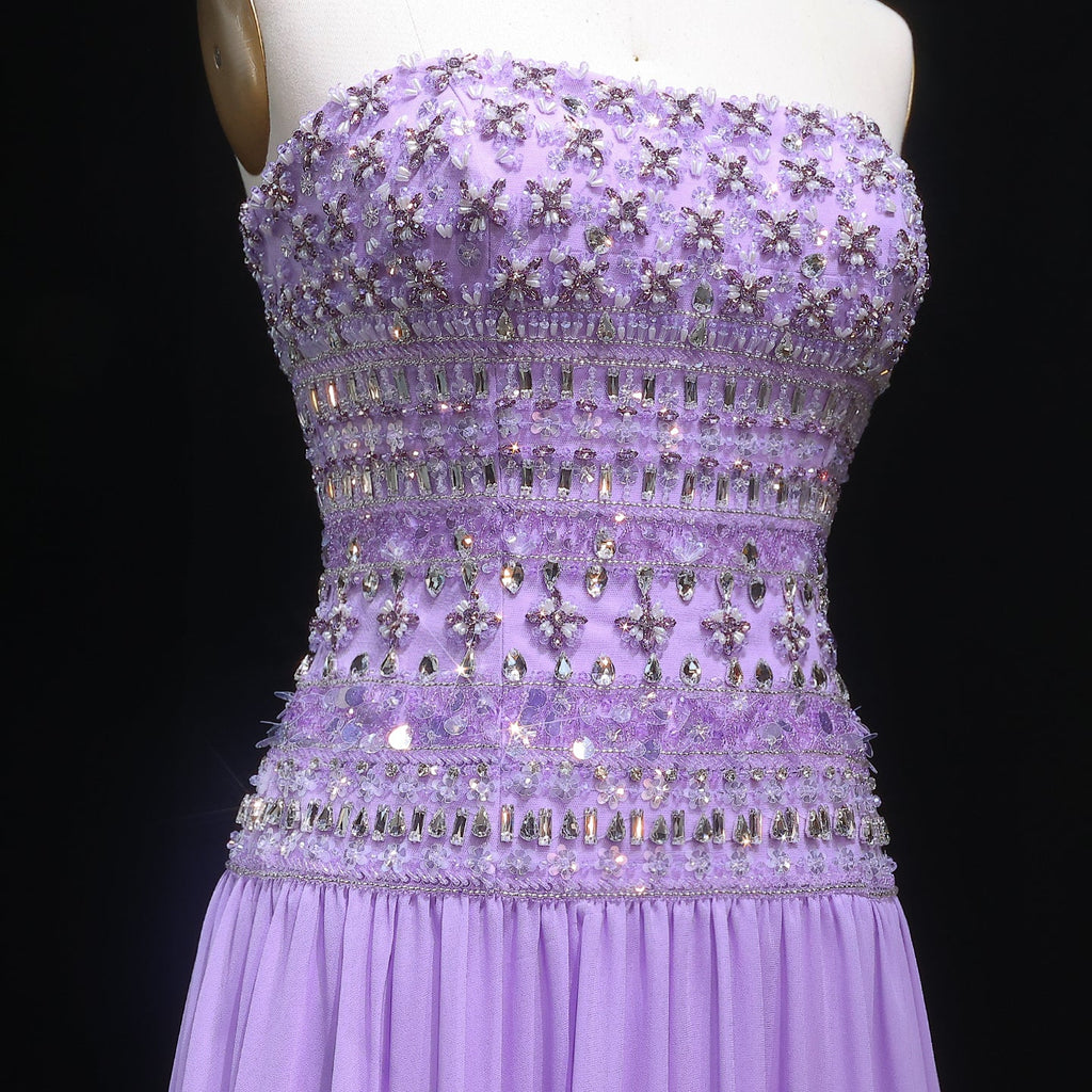 Luxury Crystal Lilac Strapless Chiffon Evening Dress SS539
