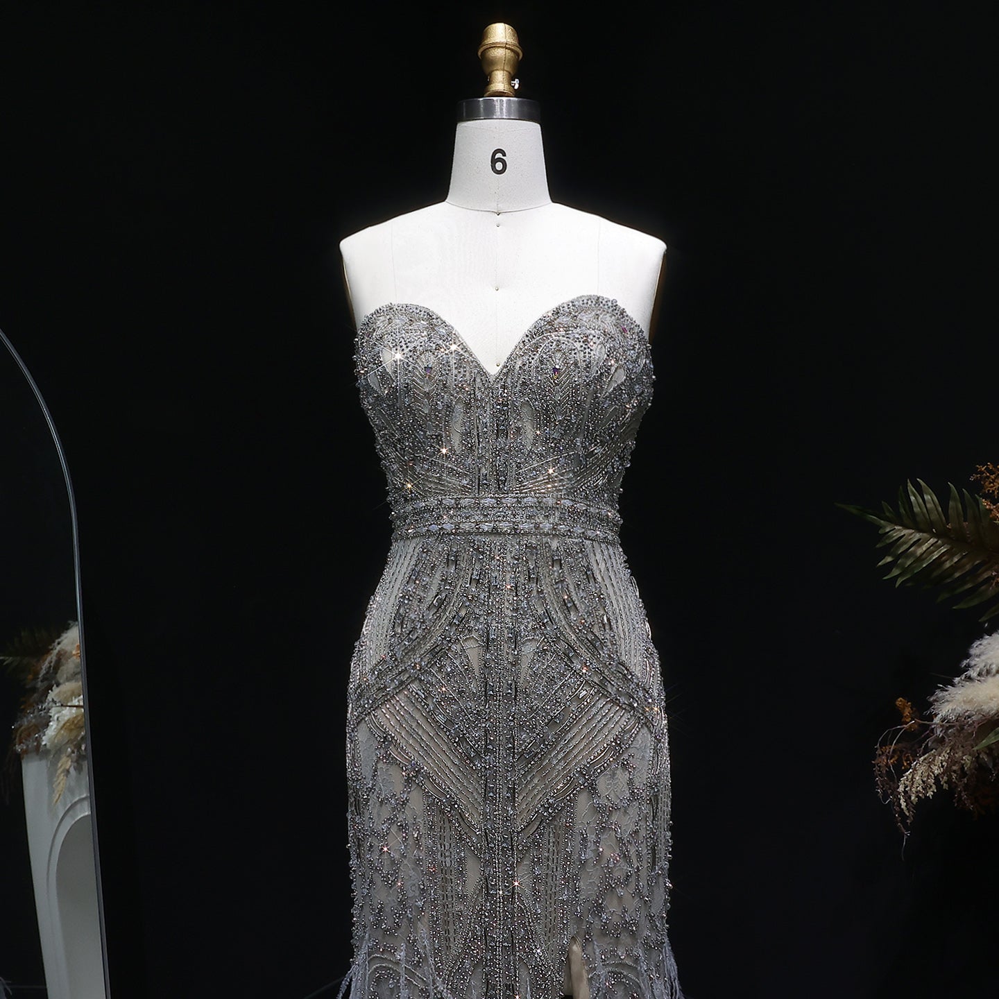 Luxury Silver Gray Strapless Beaded Feather Trim Evening Dress with High Slit SS791