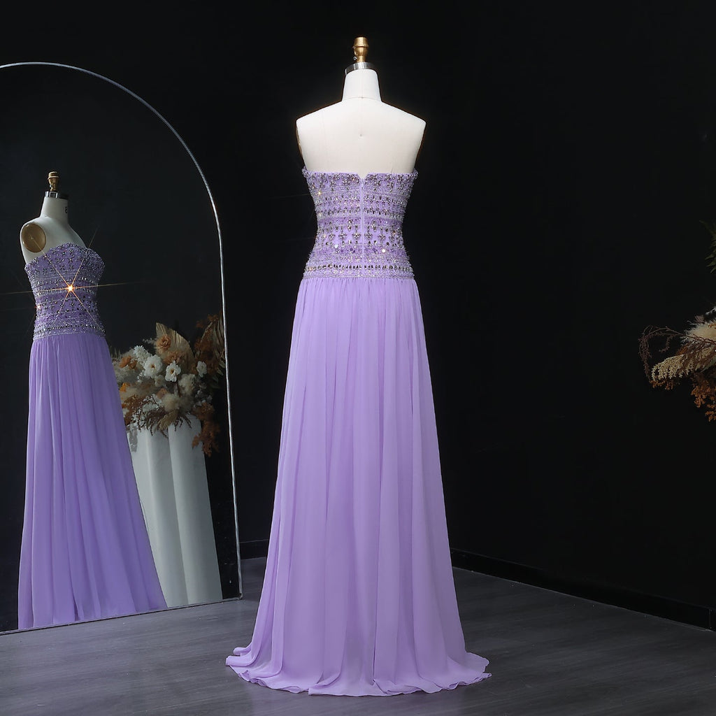 Luxury Crystal Lilac Strapless Chiffon Evening Dress SS539