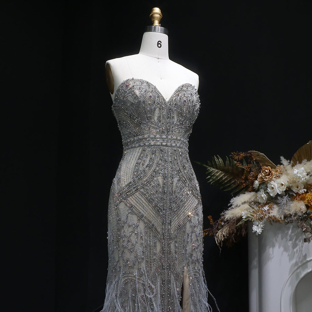 Luxury Silver Gray Strapless Beaded Feather Trim Evening Dress with High Slit SS791