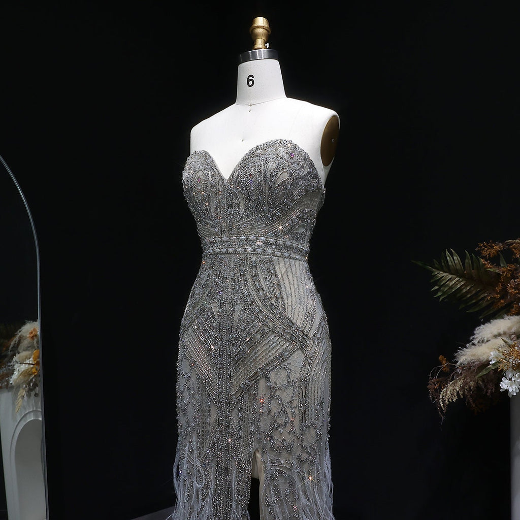 Luxury Silver Gray Strapless Beaded Feather Trim Evening Dress with High Slit SS791