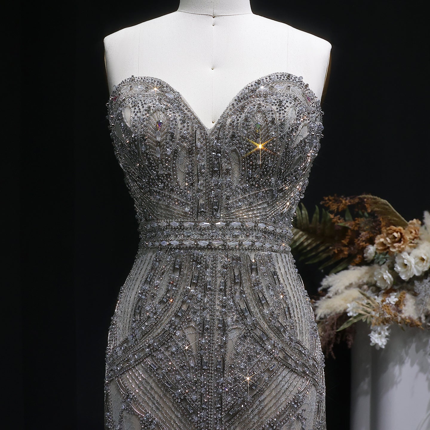 Luxury Silver Gray Strapless Beaded Feather Trim Evening Dress with High Slit SS791