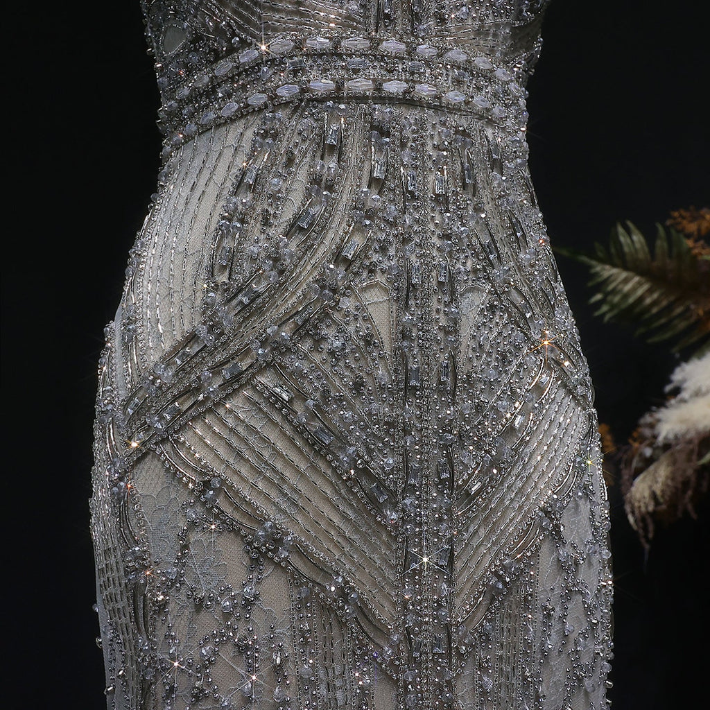 Luxury Silver Gray Strapless Beaded Feather Trim Evening Dress with High Slit SS791