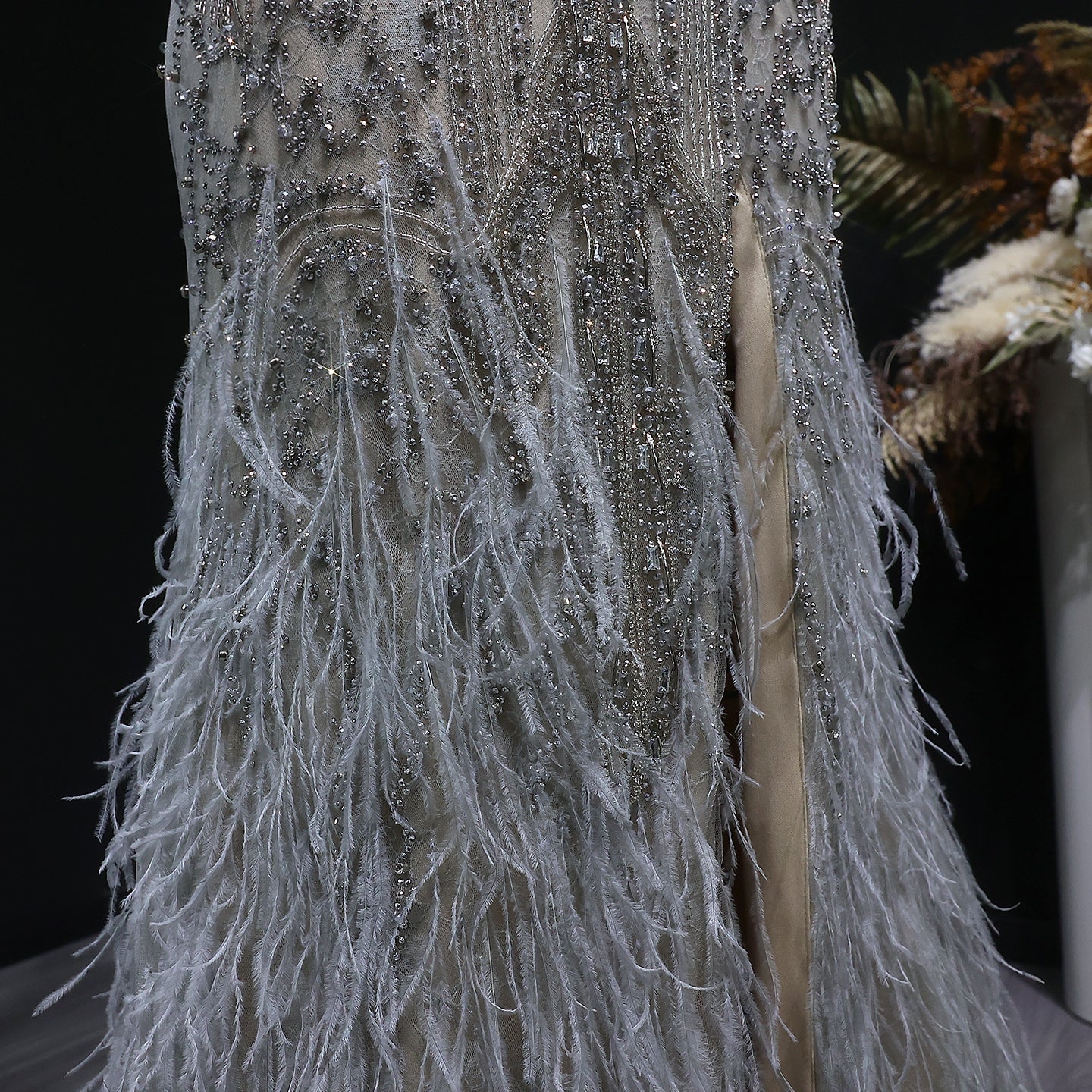 Luxury Silver Gray Strapless Beaded Feather Trim Evening Dress with High Slit SS791
