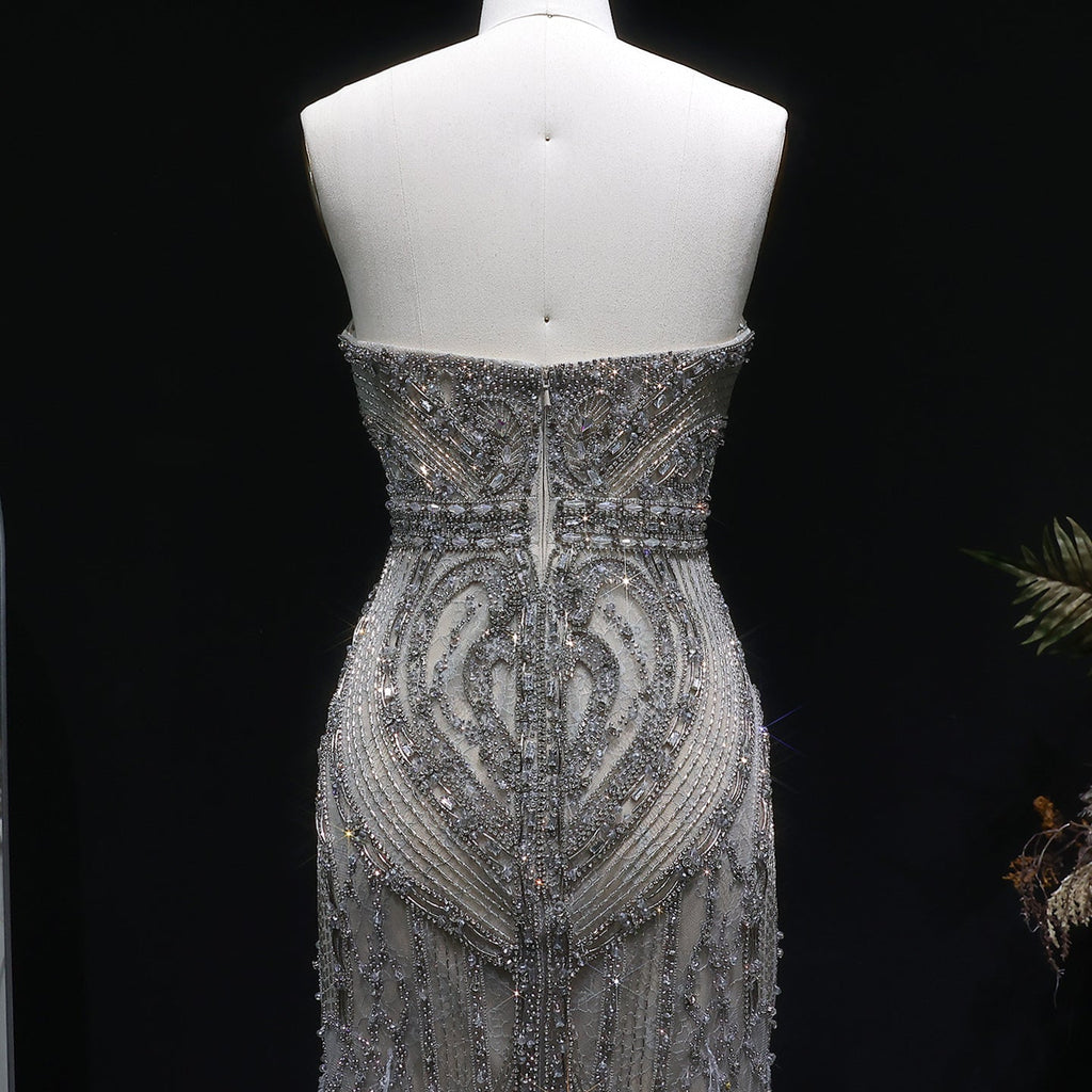 Luxury Silver Gray Strapless Beaded Feather Trim Evening Dress with High Slit SS791
