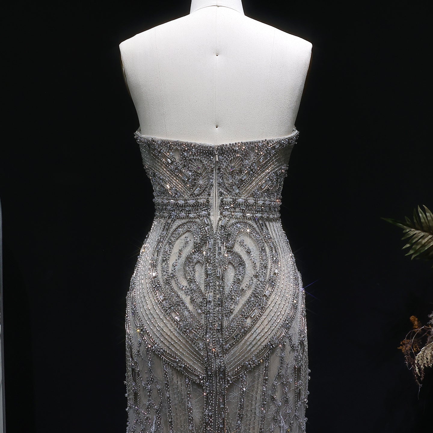 Luxury Silver Gray Strapless Beaded Feather Trim Evening Dress with High Slit SS791