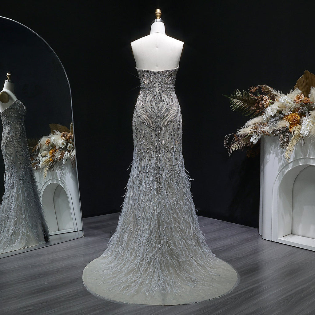 Luxury Silver Gray Strapless Beaded Feather Trim Evening Dress with High Slit SS791