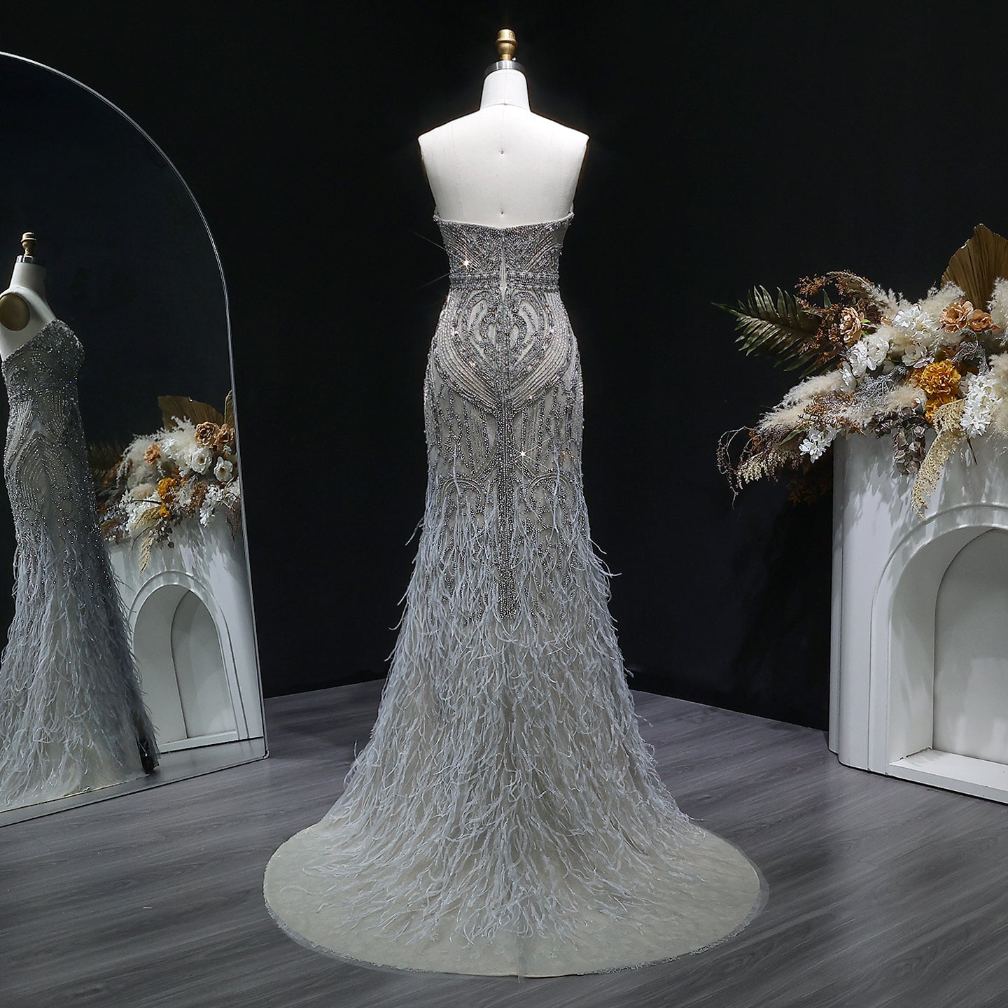 Luxury Silver Gray Strapless Beaded Feather Trim Evening Dress with High Slit SS791