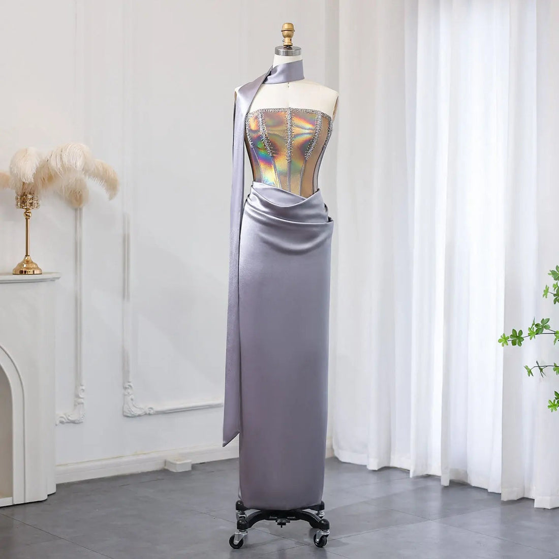 Elegant Strapless Gray Satin Evening Dress with Scarf SS704