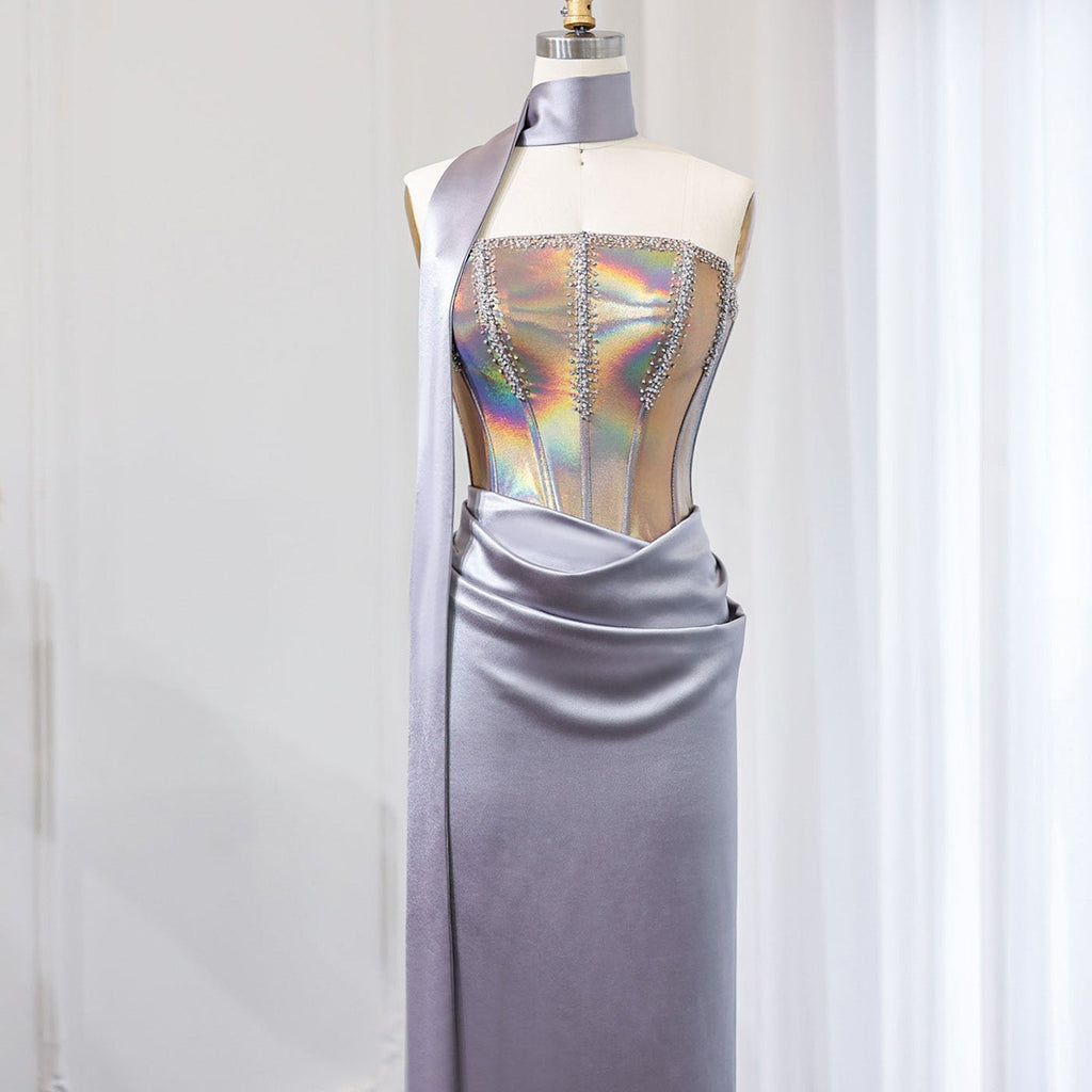 Elegant Beaded Strapless Gray Evening Dress with Scarf SS704
