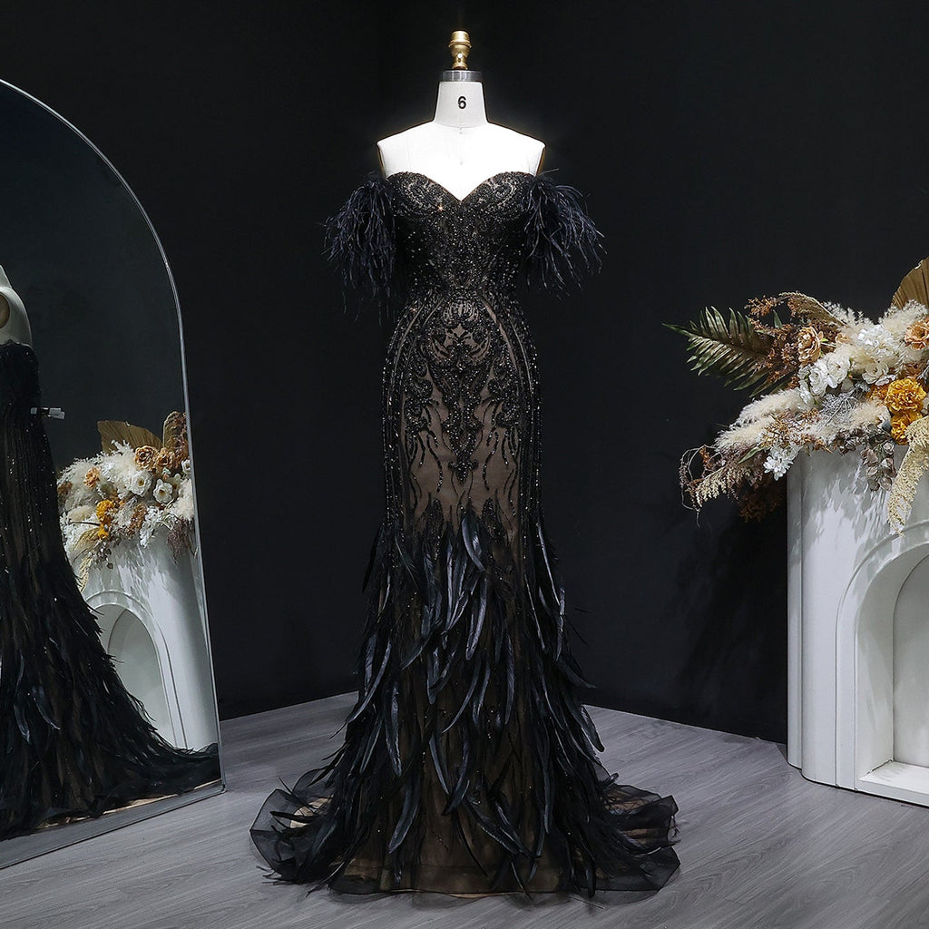 Luxury Black Off-the-Shoulder Beaded Feather Mermaid Evening Dress SS792