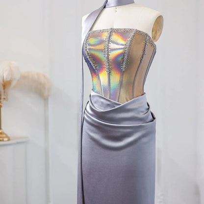 Elegant Strapless Gray Satin Evening Dress with Scarf SS704
