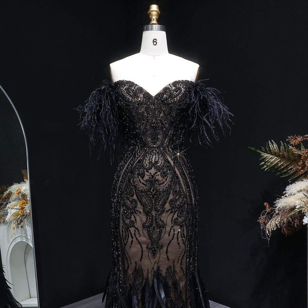 Luxury Black Off-the-Shoulder Beaded Feather Mermaid Evening Dress SS792