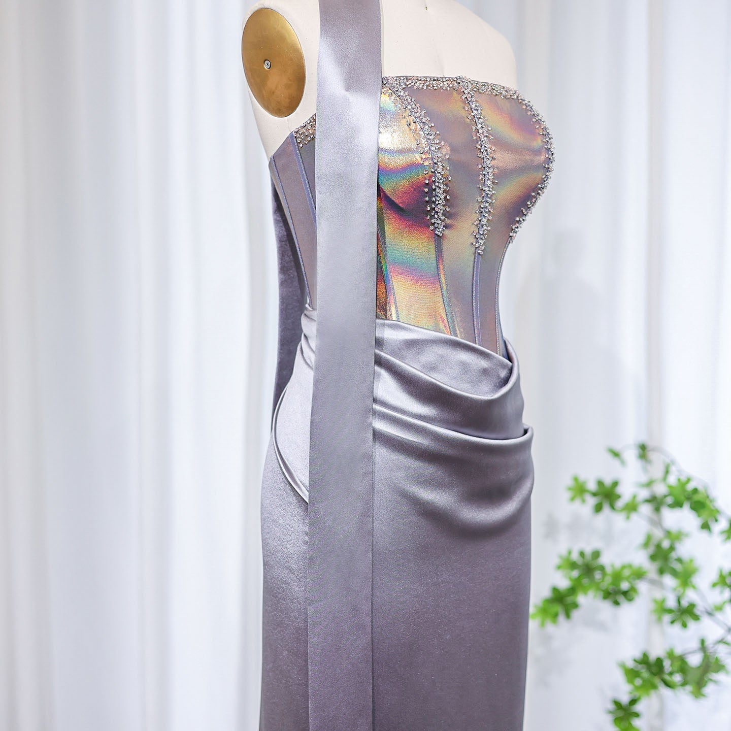 Elegant Beaded Strapless Gray Evening Dress with Scarf SS704
