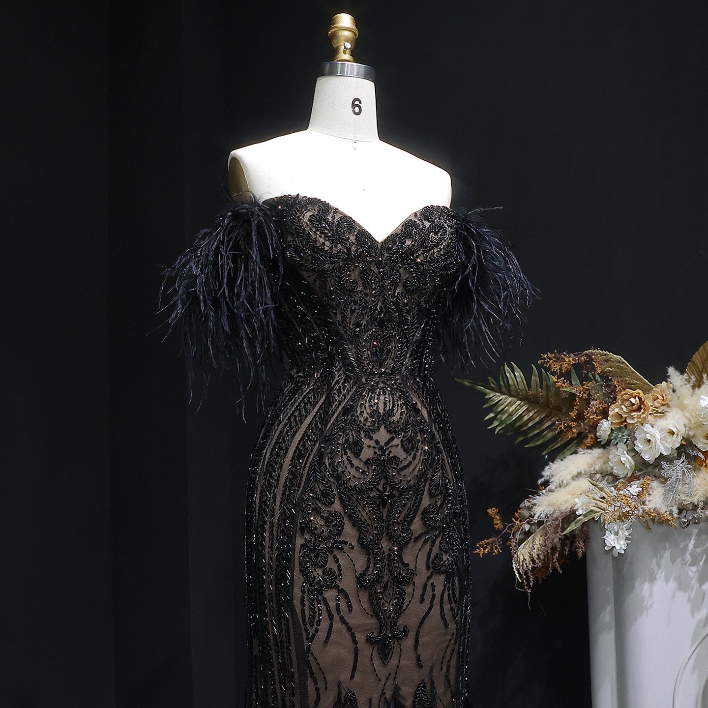 Luxury Black Off-the-Shoulder Beaded Feather Mermaid Evening Dress SS792
