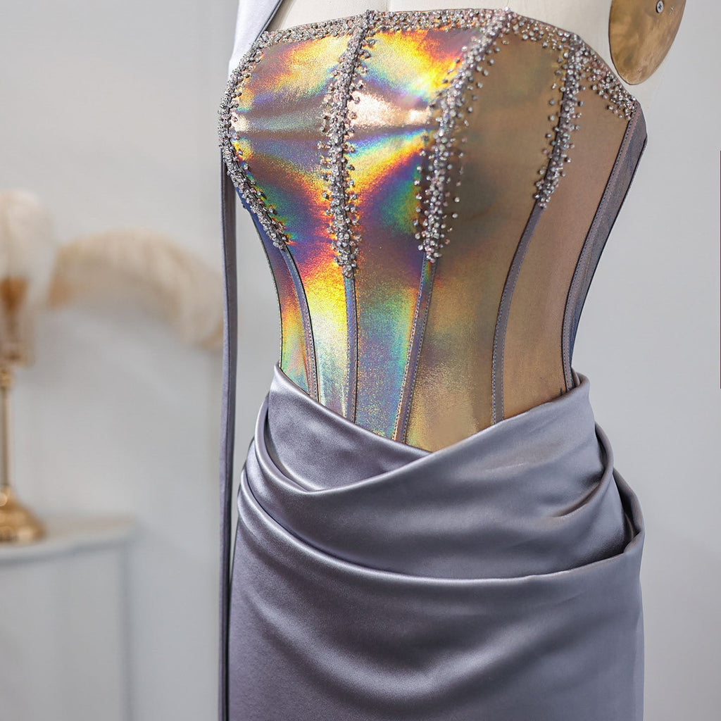 Elegant Beaded Strapless Gray Evening Dress with Scarf SS704