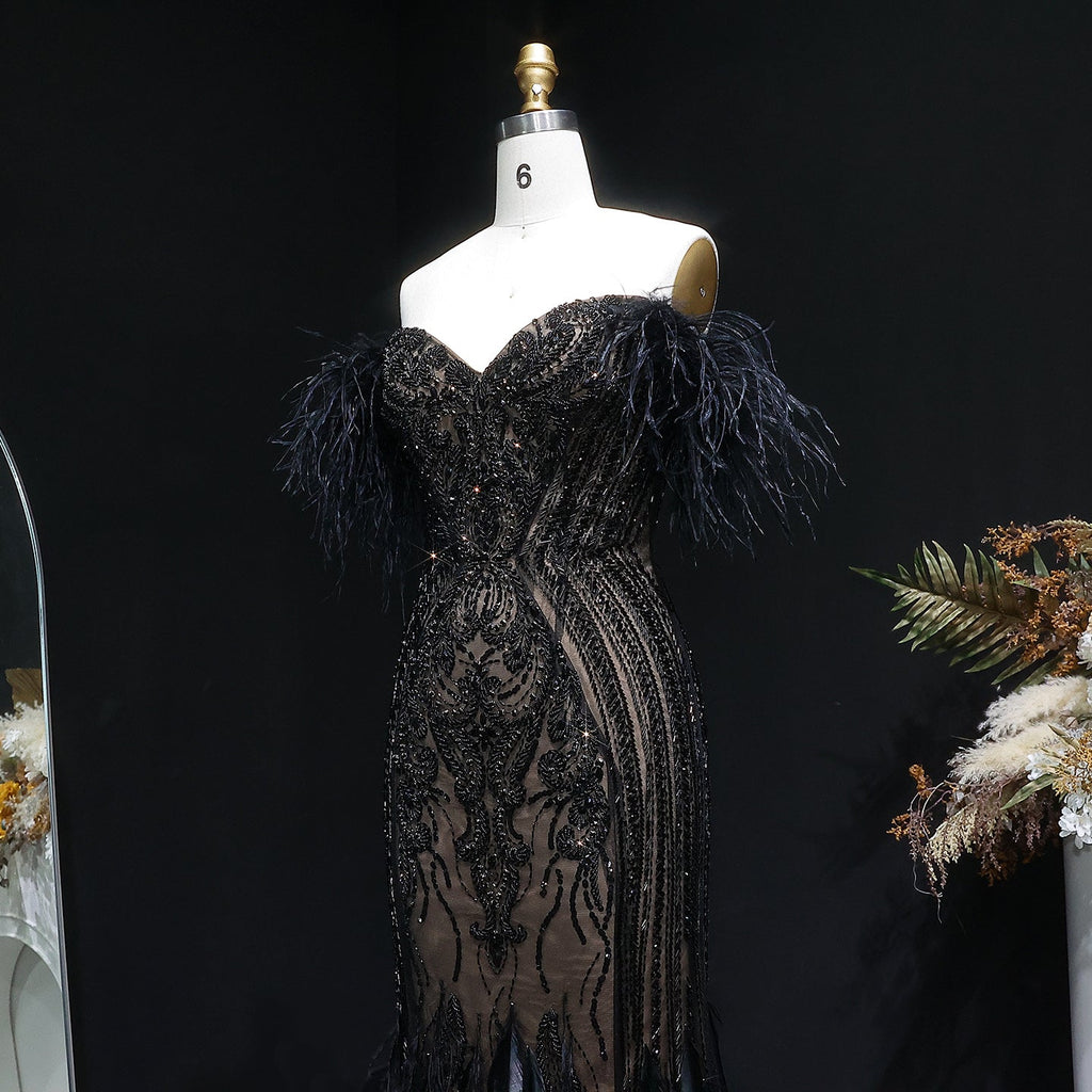 Luxury Black Off-the-Shoulder Beaded Feather Mermaid Evening Dress SS792