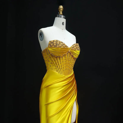 Luxury Red Strapless Beaded High-Slit Mermaid Prom Dress SH520